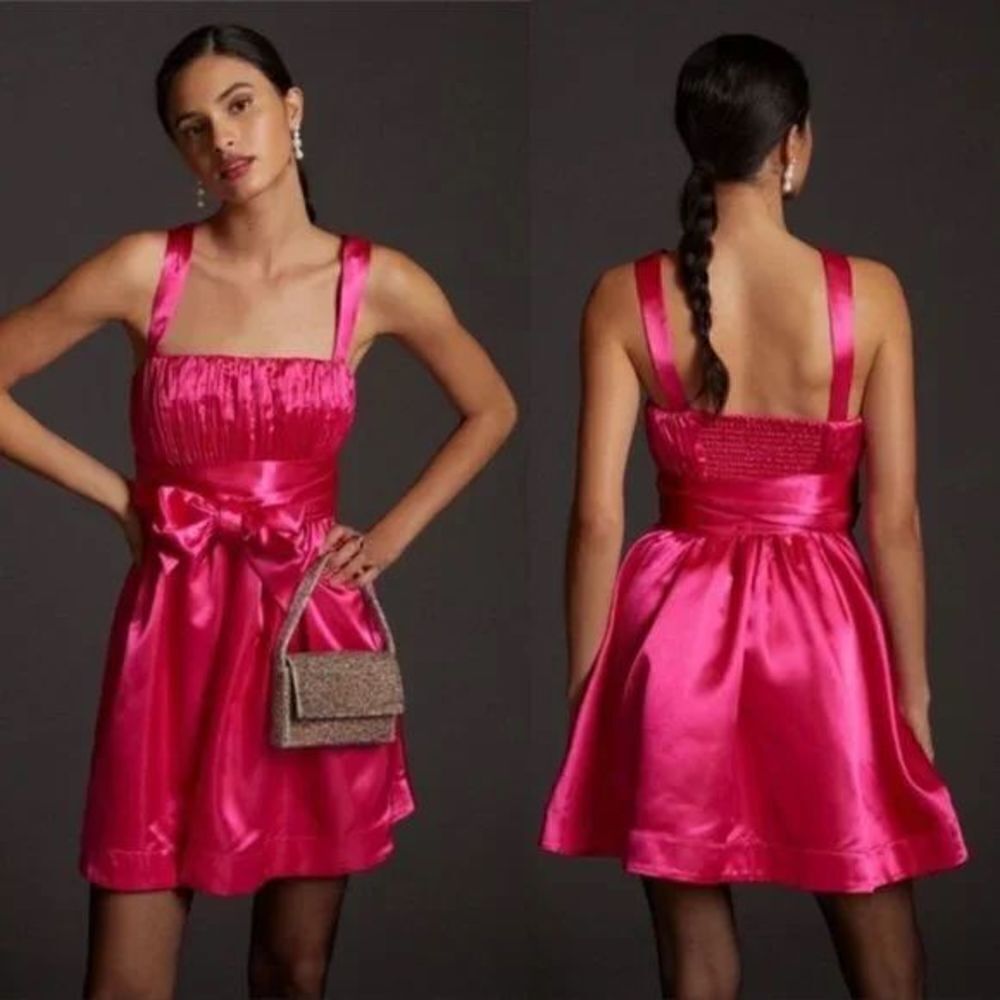 Anthropologie - Hot Pink Fuchsia Satin Mini Bow Tie Dress by Maeve size 14